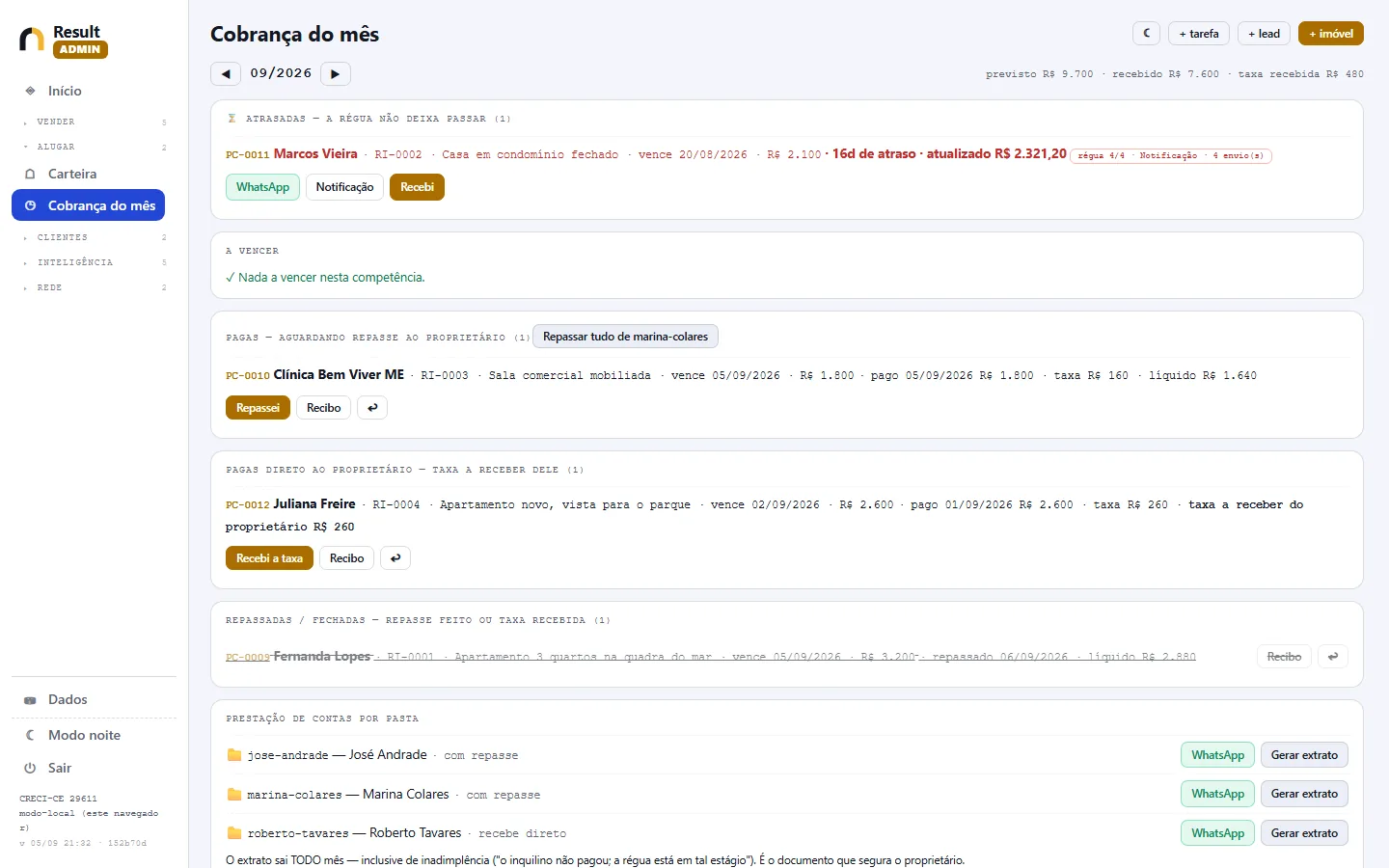 A mesma tela de cobrança do mês no tema claro do sistema