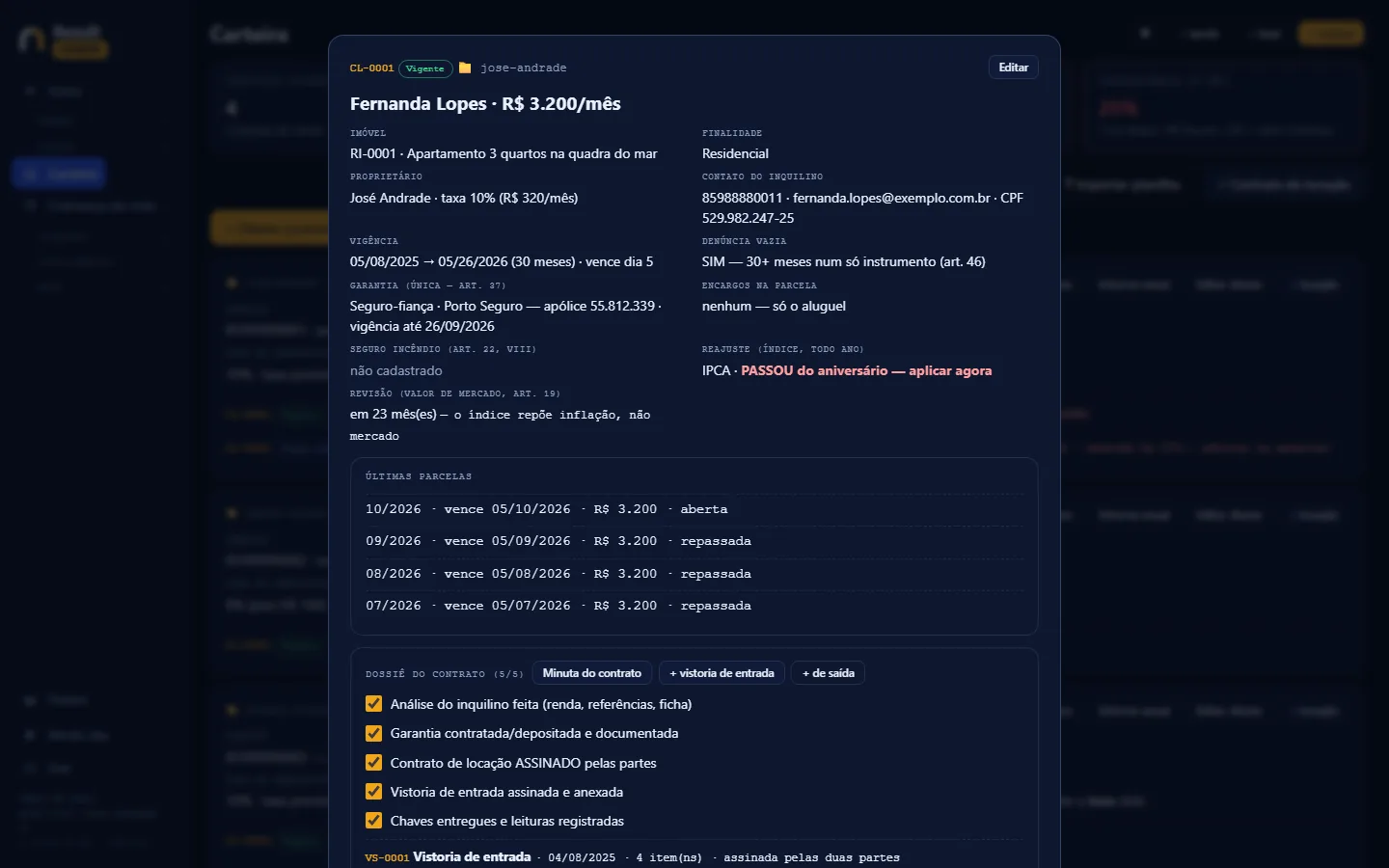 Ficha do contrato de locação com vigência, garantia, reajuste e o dossiê com checklist e vistorias