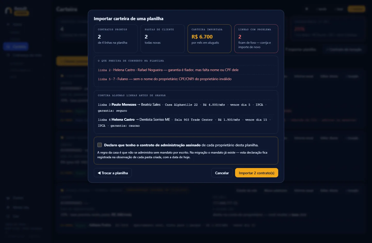 Tela de conferência da importação: contratos prontos, pastas de cliente, carteira somada e a lista de linhas com problema