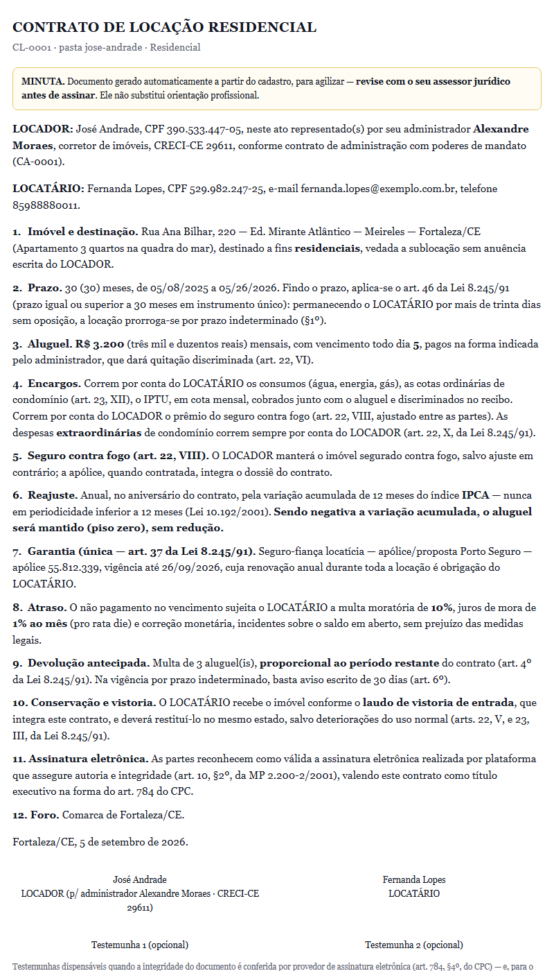 Minuta de contrato de locação gerada pelo sistema, com cláusulas de prazo, reajuste e garantia